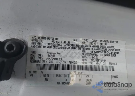 2013 Ford Focus Se из США, поврежденный, VIN 1FADP3F28DL212405